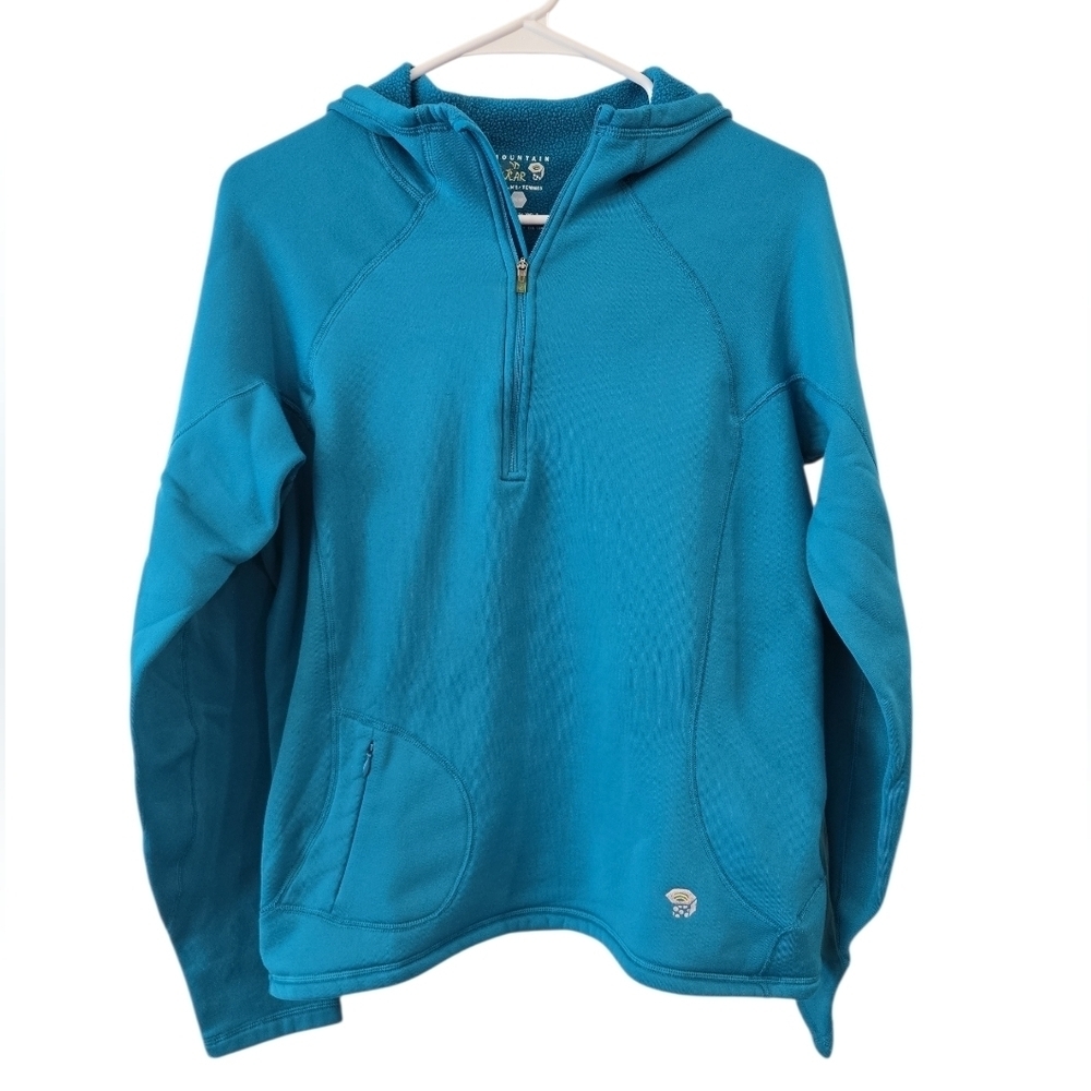 MOUNTAIN HARDWEAR WOMEN'S 1/4 ZIP FLEECE HOODIE. NO SIZE TAG. POSSIBLE MEDIUM.